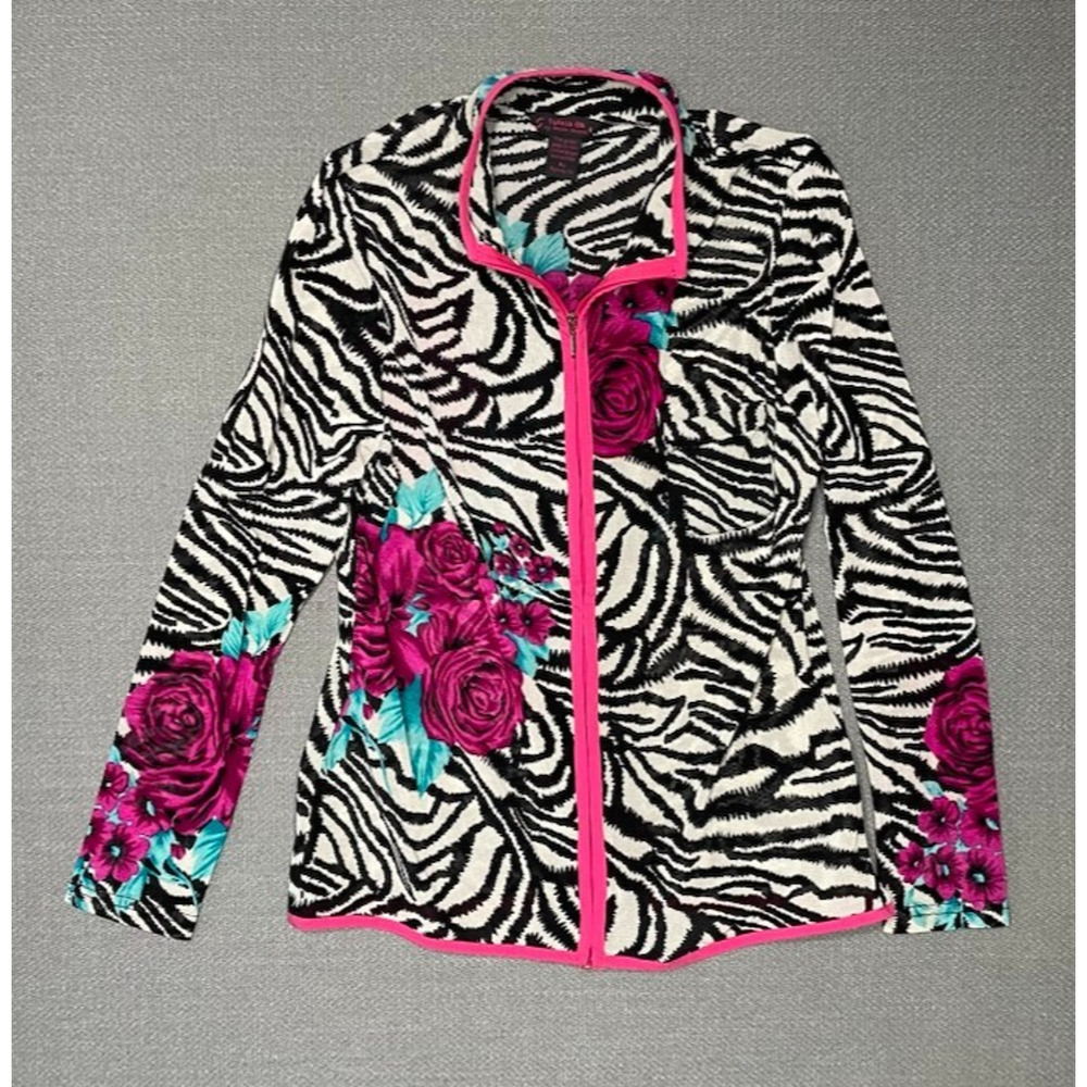 Sylvia Oh Zebra Floral Full Zip Jacket Sheer Long Sleeve Maximalist Artsy Sz M